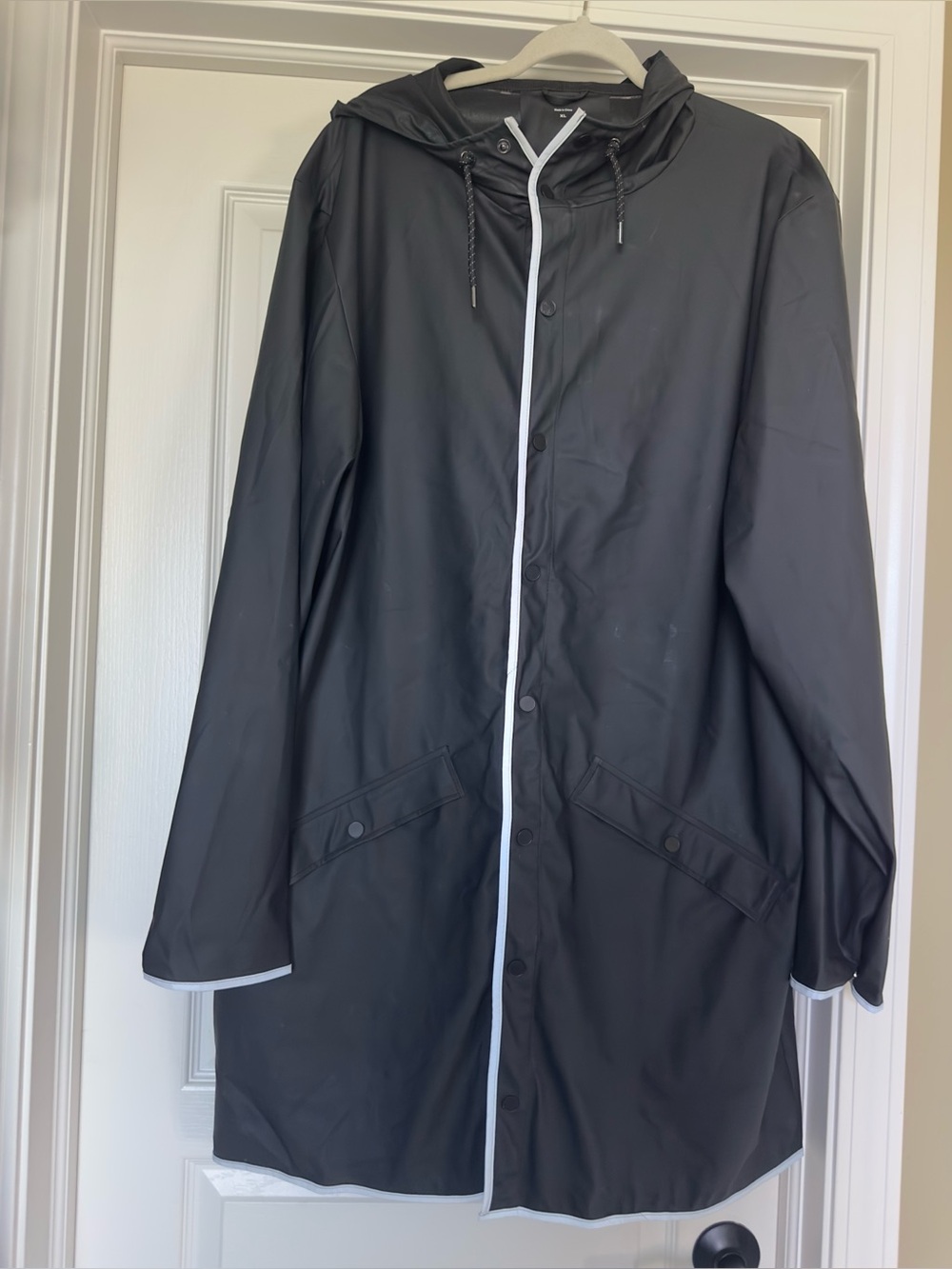 Rains Black Hooded Raincoat with White Trim